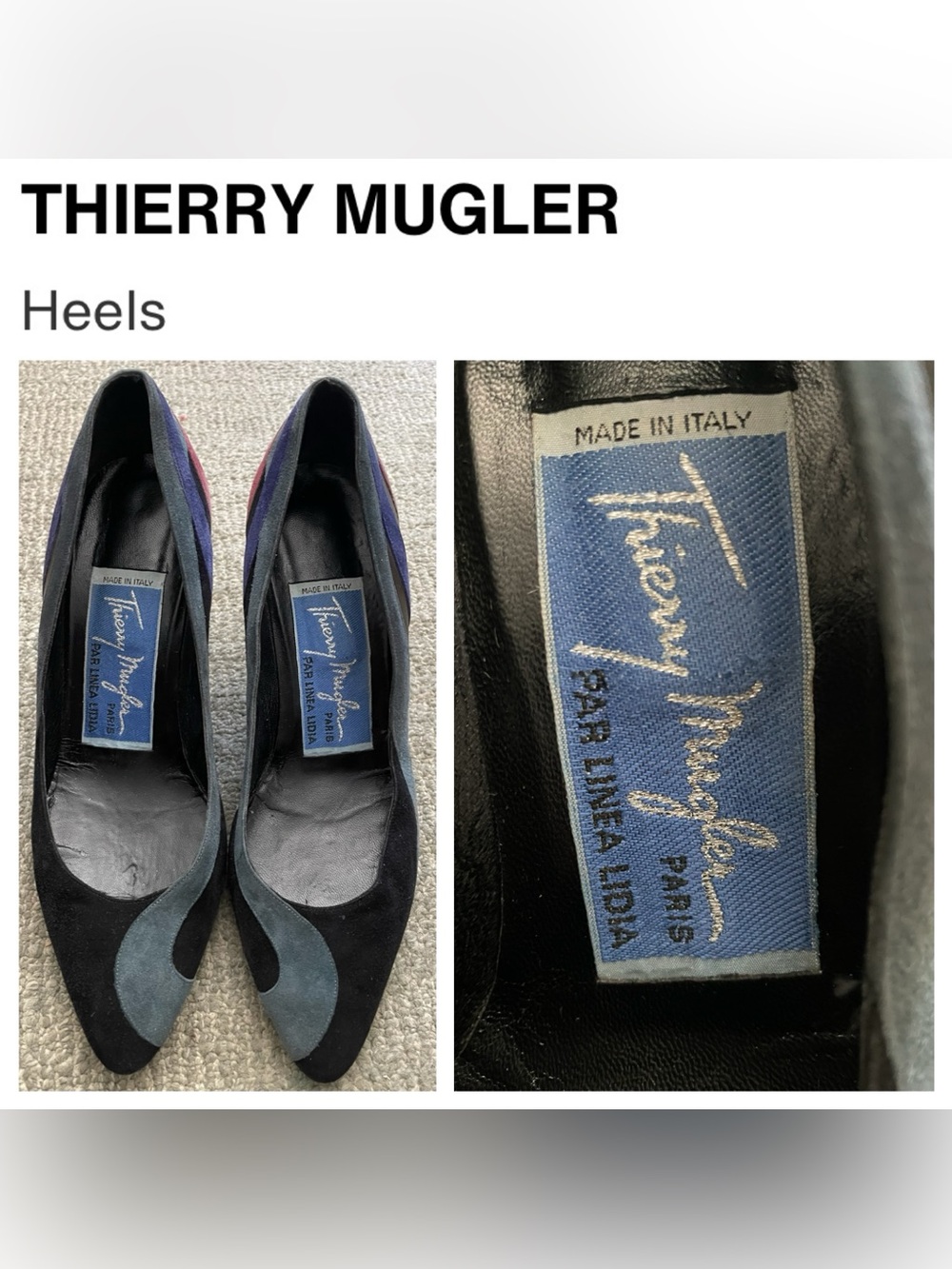 THIERRY MUGLER Women’s Black With Teal & Purple Appliqué Suede Pointed Pumps